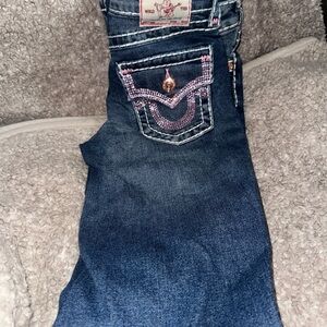 True Religion Dark Blue Boot Cut Jeans with Pink Embellishments